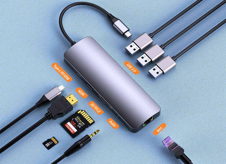 9合一 USB Type-C转HDMI+USB3.0+RJ45+Audio扩展坞 HUB