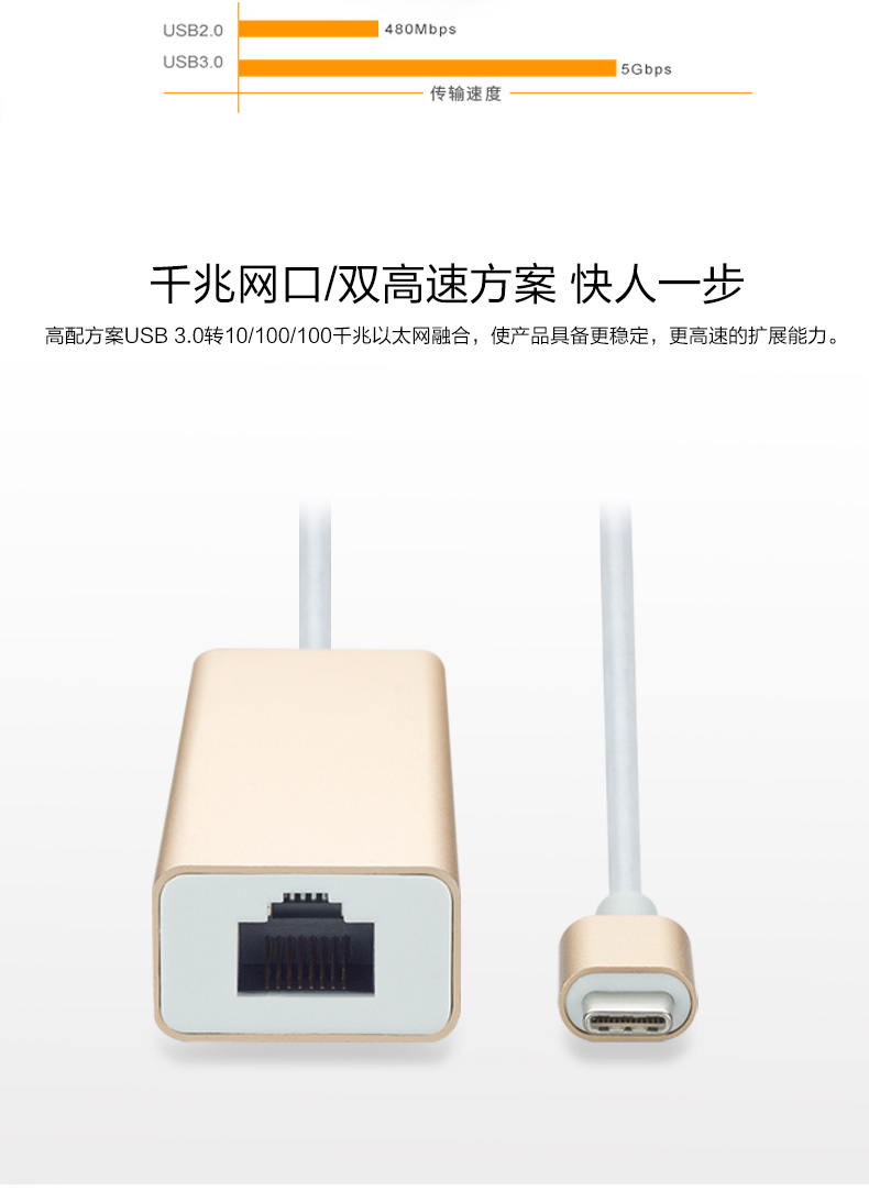 Type-C转RJ45 千兆网卡+USB3.0×2 +充电 转换器转接器URC305